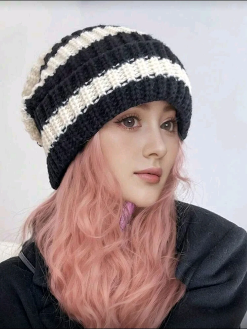 Black & Cream Striped Knit Beanie - Women